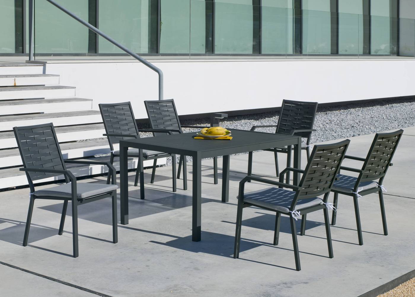 Set Aluminio Palma-Augusta 150-4 - Conjunto de aluminio luxe para jardín o terraza: Mesa rectangular 150 cm. + 4 sillones. Disponible en color blanco, bronce, antracita y champagne.