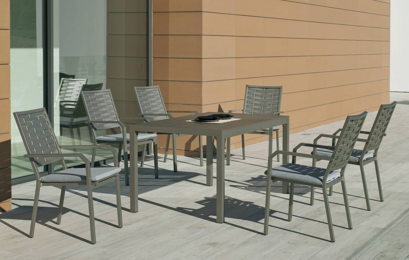 Set Aluminio Palma-Augusta 200-8 - Conjunto de aluminio luxe para jardín o terraza: Mesa rectangular 200 cm. + 8 sillones. Disponible en color blanco, bronce, antracita y champagne.