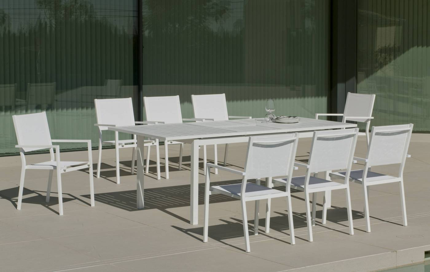 Set Aluminio PalmaExt-Córcega 200-6 - Conjunto de aluminio luxe: mesa extensible 150-200 cm. + 6 sillones de textilen. Disponible en color blanco, antracita, champagne, plata o marrón.