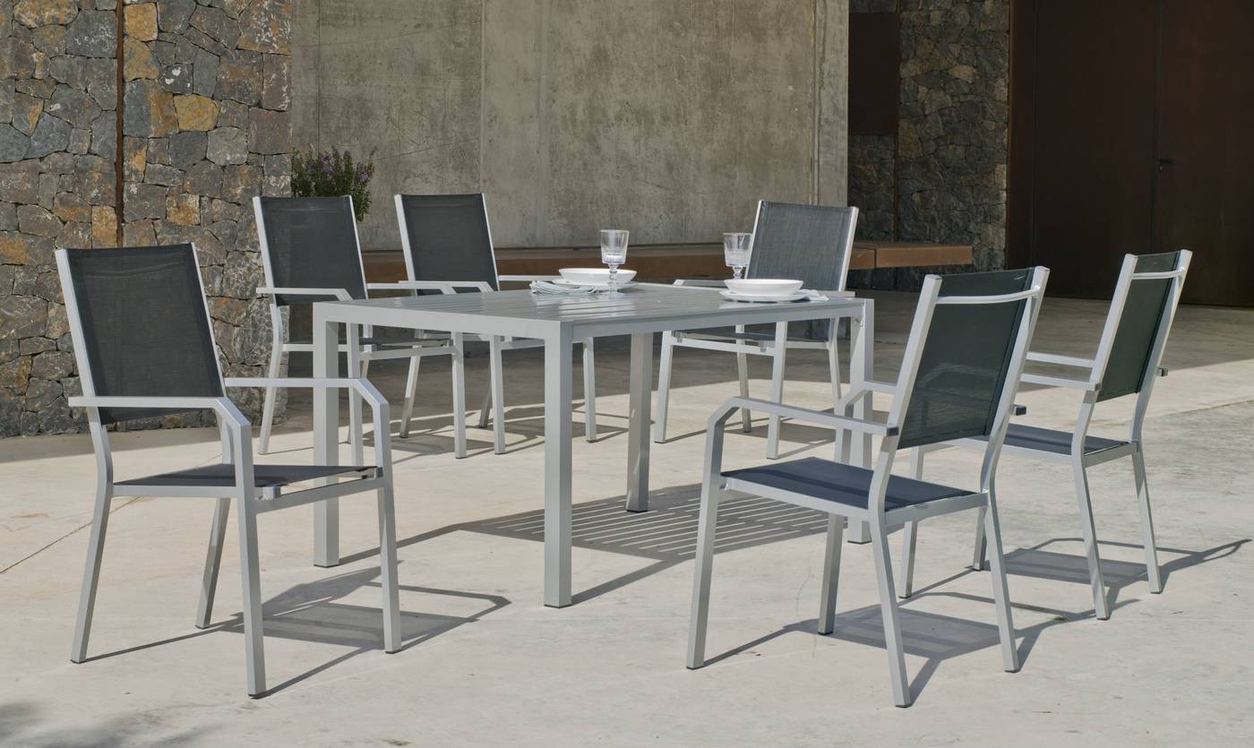 Set Aluminio Palma-Gema 150-6 - Conjunto aluminio luxe: Mesa rectangular 150 cm + 6 sillones de textilen. Disponible en color blanco, antracita, champagne, plata o marrón.