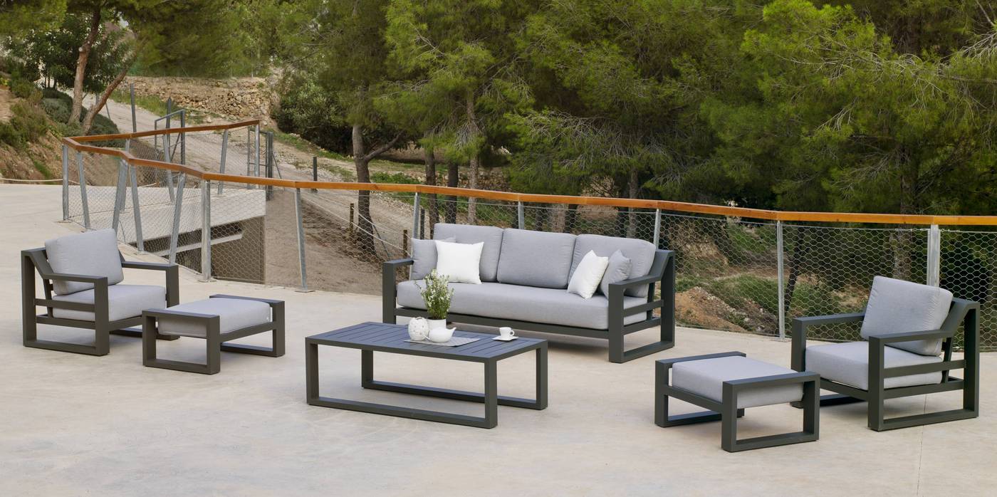 Conjunto lujo para jardín: 1 sofá de 3 plazas + 2 sillones + 2 reposapiés + 1 mesa de centro. Estructura de alumino reforzado color blanco, antracita, champagne, plata o marrón.