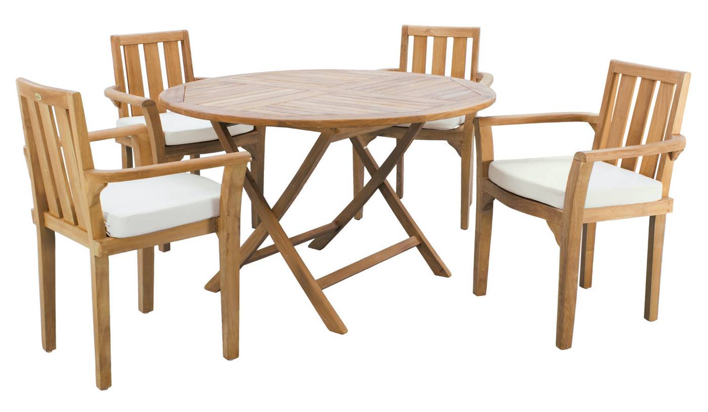 Conjunto de madera de teka: 1 mesa redonda plegable 120 cm. + 4 sillones con cojines