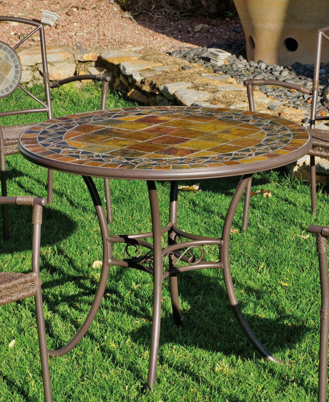 Set Mosaico Luxe Cancun-Sotomar - Conjunto lujoso de forja: mesa con panel mosaico de 90 cm de piedra + 4 sillones de forja apilables