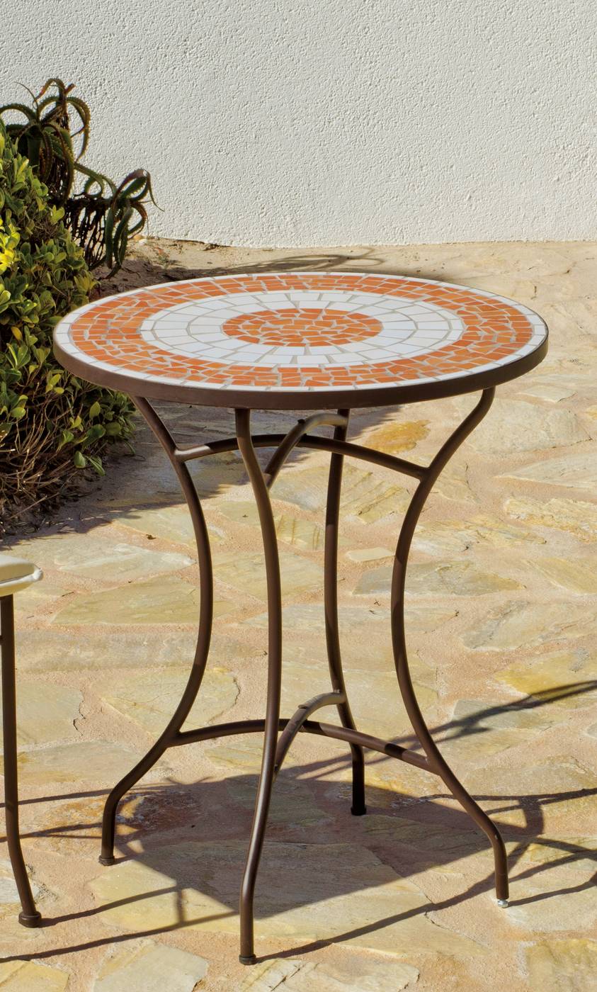 Mesa redonda de forja para jardín o terraza, con tablero mosaico de 60 cm.