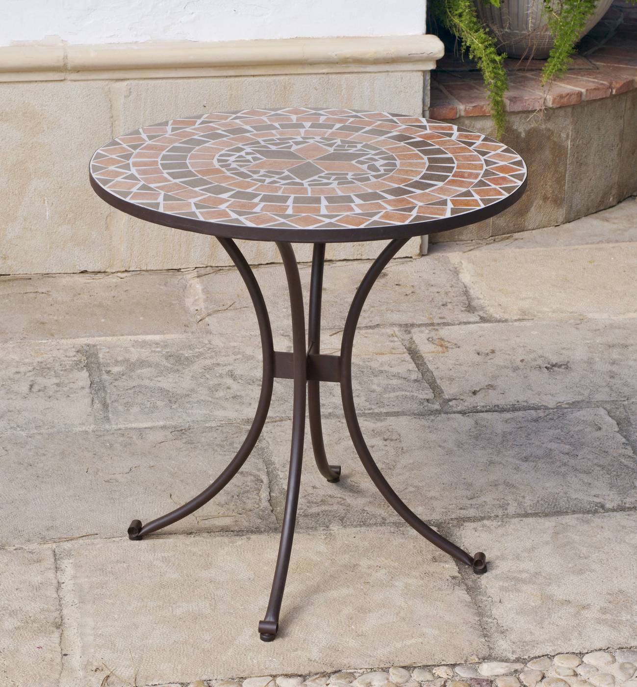 Set Mosaico Mirna/Barcelona 75-4 - Conjunto para jardín y terraza de acero: 1 mesa de acero forjado con panel mosaico + 4 sillones de acero inoxidable y textilen