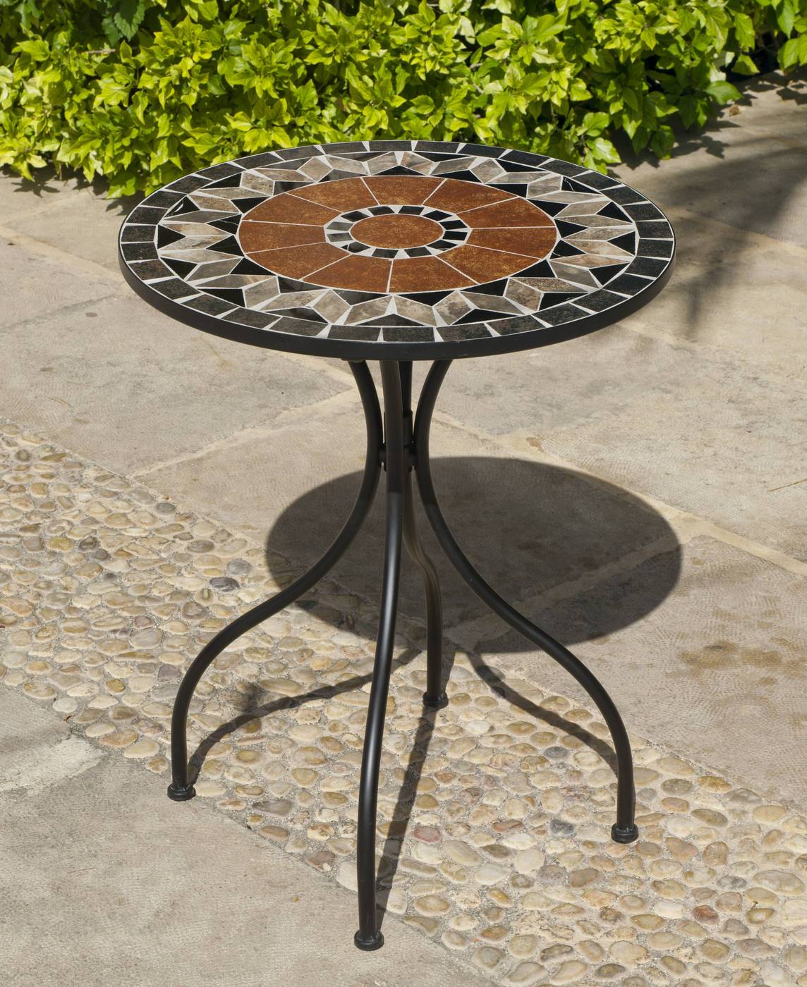 Set Mosaico Toscana-Santana - Conjunto de acero forjado color gris: mesa redonda con tablero mosaico de 60 cm. + 2 sillones apilables de wicker