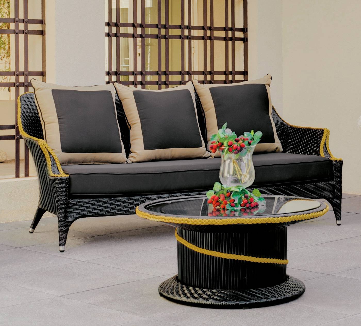 Conjunto Médula Luxe Morea-8 - Conjunto gran lujo de médula sintética color negro: 1 sofá 3 plazas + 2 sillones + 1 mesa de centro.
