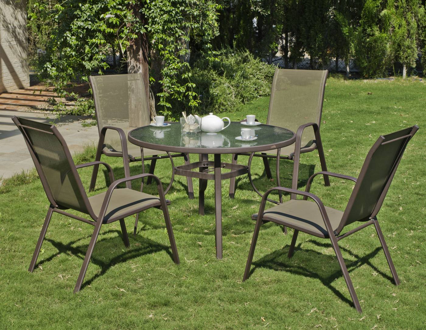 Conjunto para jardín de acero inoxidable: 1 mesa redonda con tablero de cristal templado + 4 sillones de acero y textilen