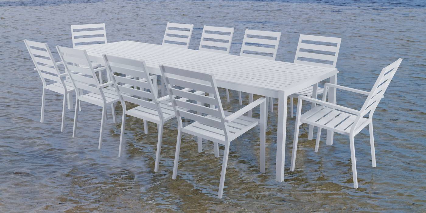 Mesa rectangular de aluminio 300 cm. con tablero lamas de aluminio + 10 sillones. Disponible en color blanco, antracita, champagne, plata o marrón.