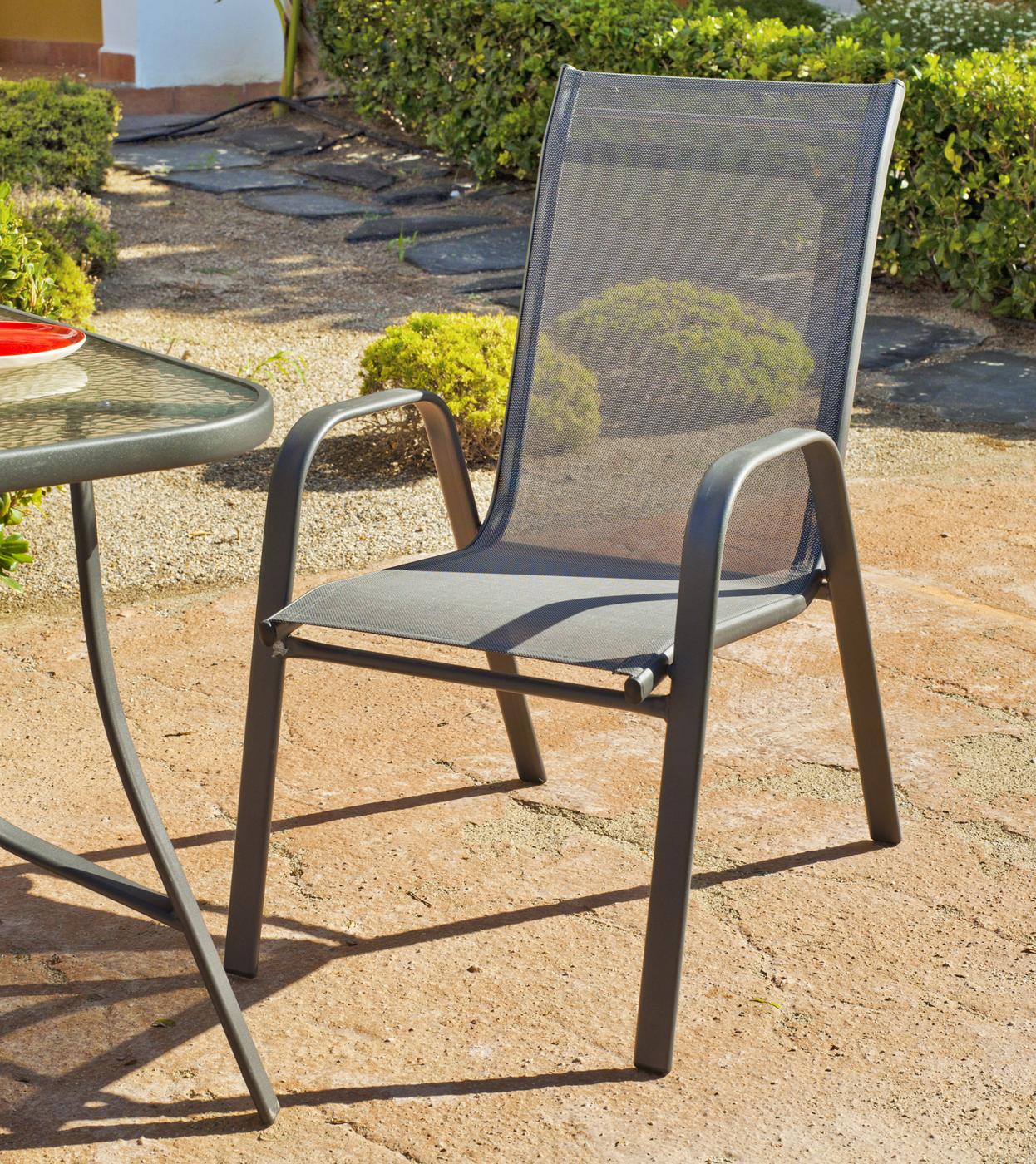 Conjunto Acero Sulam-105 - Conjunto de acero color antracita: mesa redonda de 105 cm, con tapa de cristal templado + 4 sillones apilables de acero y textilen
