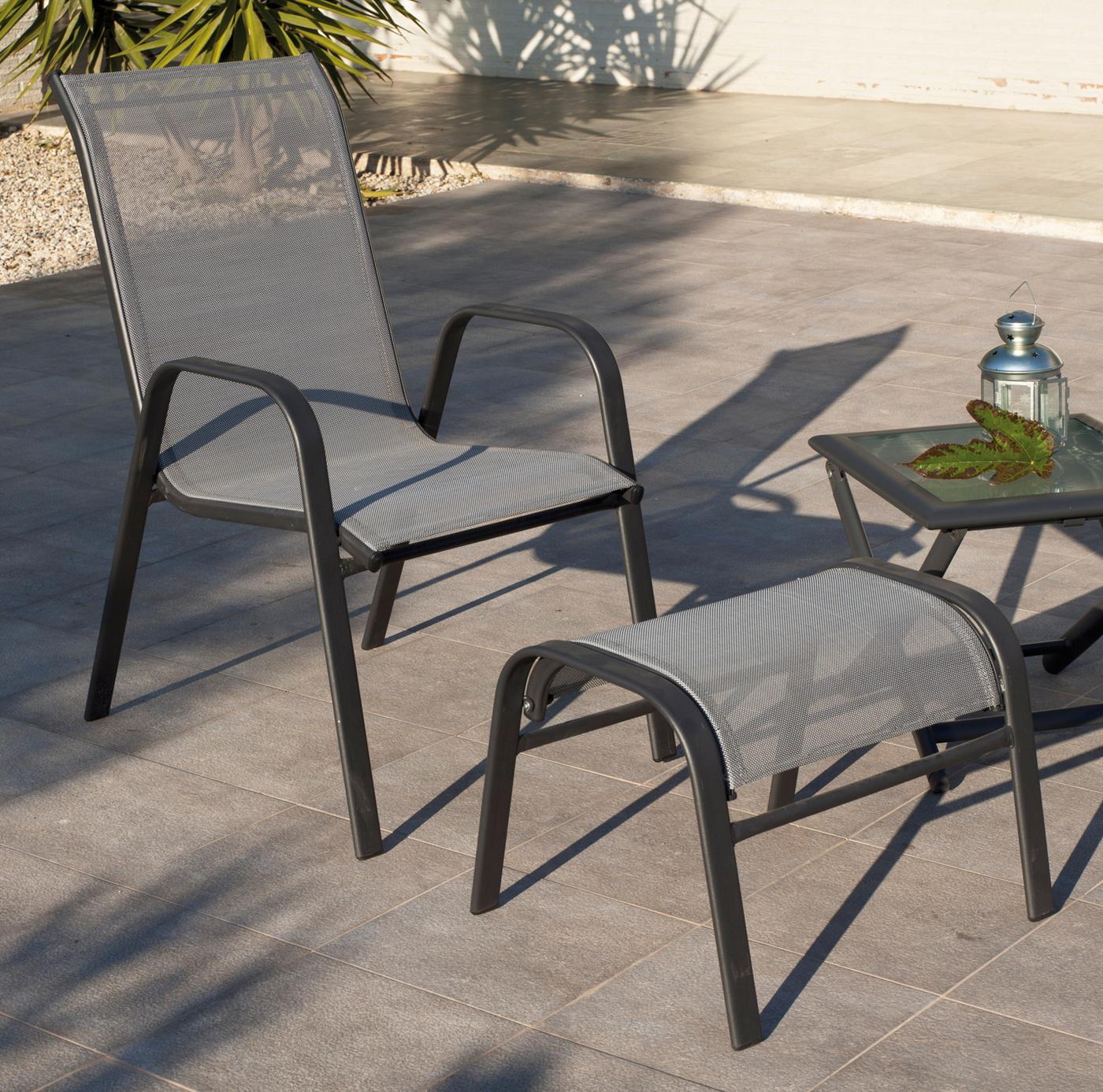 Set Acero Sulam-21 - Conjunto de acero inoxidable color antracita: mesa auxiliar con tapa de cristal templado + 2 sillones apilables de acero y textilen + reposapies